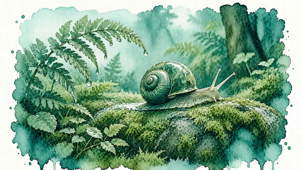Escargot signification spirituelle : aquarelle d’un escargot sur une pierre moussue, entre les fougères, après la pluie