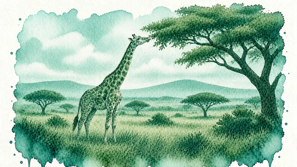 Girafe signification spirituelle : aquarelle d’une girafe qui tend le cou vers la cime d’un acacia, dans la savane
