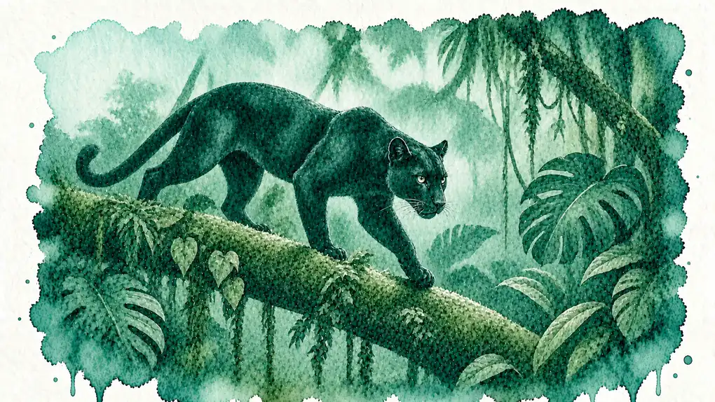 Panthère signification spirituelle : aquarelle d’une panthère noire qui avance sur une branche moussue, dans la jungle