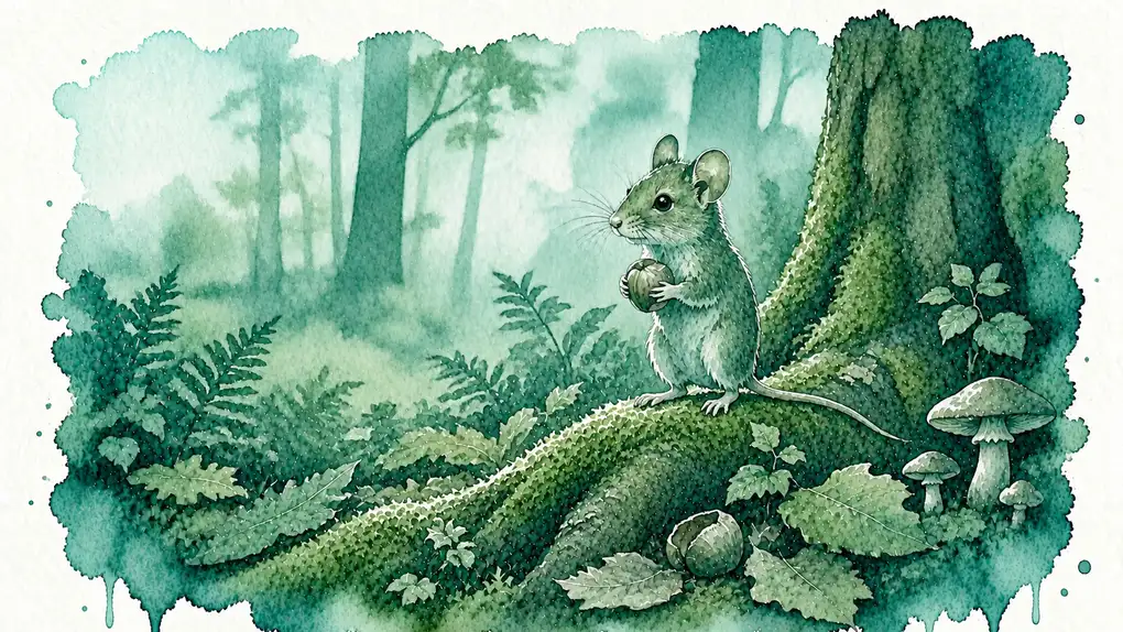 Souris signification spirituelle : aquarelle d’une souris dressée sur une racine, une noisette entre les pattes, au pied d’un vieil arbre