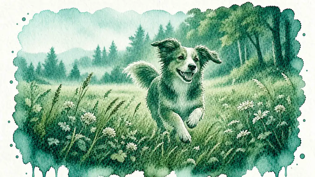 Chien signification spirituelle : aquarelle d’un chien joyeux qui court dans une prairie fleurie, au bord d’une forêt