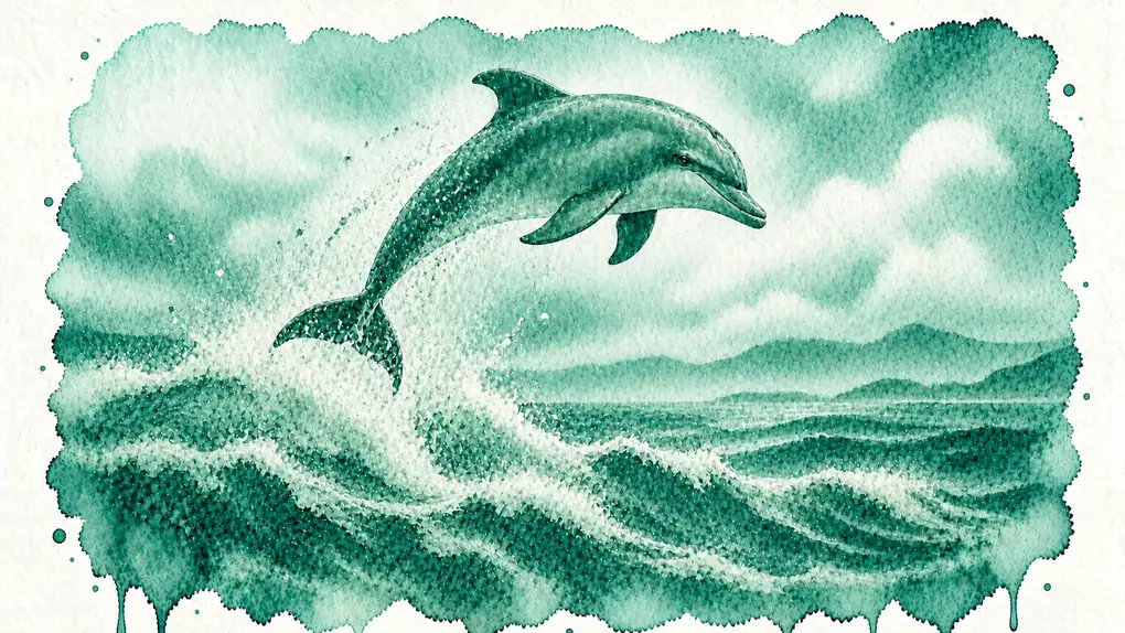 Animal totem dauphin : aquarelle d’un dauphin qui bondit hors des vagues, dans les éclaboussures