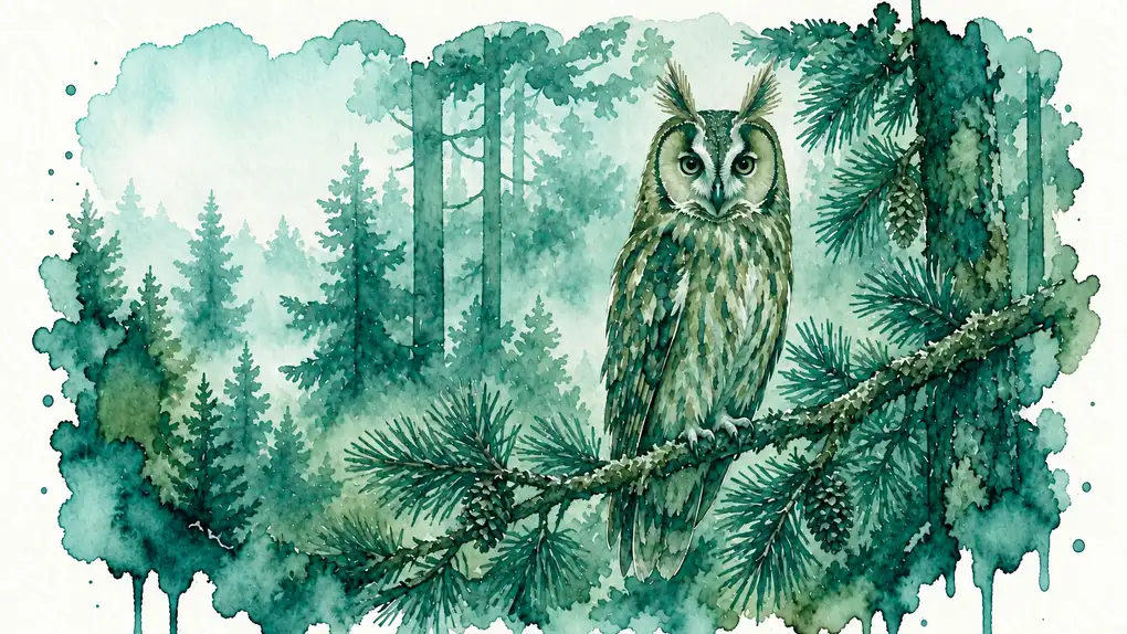 Hibou signification spirituelle : aquarelle d’un hibou moyen-duc aux aigrettes dressées, perché sur une branche de pin dans une forêt brumeuse