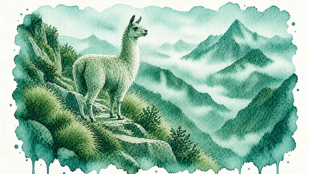 Lama signification spirituelle : aquarelle d’un lama debout sur un sentier de montagne, devant des sommets dans la brume