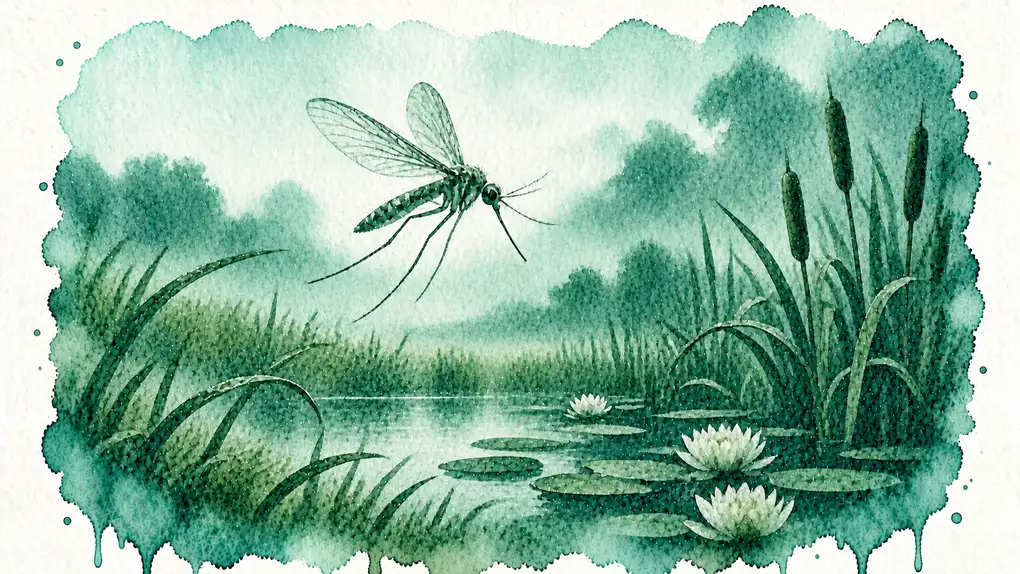 Moustique signification spirituelle : aquarelle d’un moustique en vol au-dessus d’un étang, entre les roseaux et les nénuphars