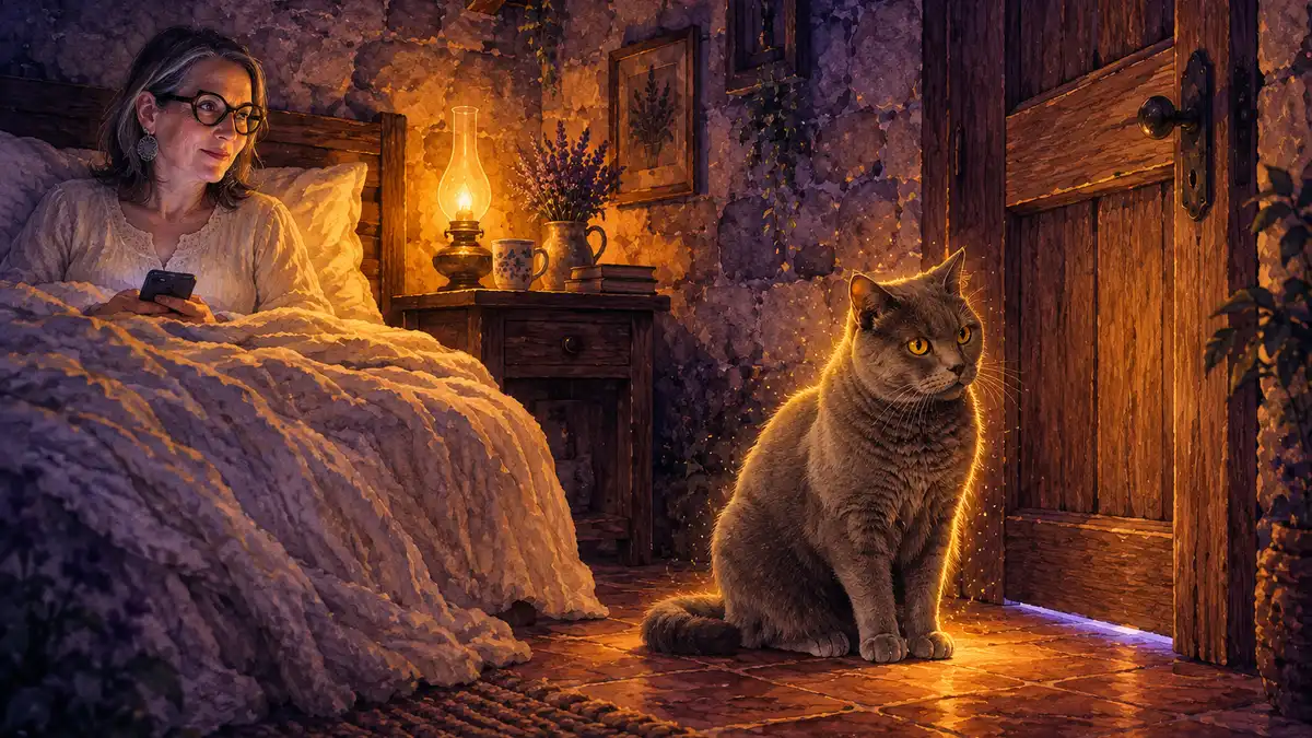 Expérience paranormale : aquarelle d’Iro, le chat gris de Sophie, assis devant la porte de la chambre qu’il garde, la nuit, et de Sophie dans son lit, son téléphone à la main