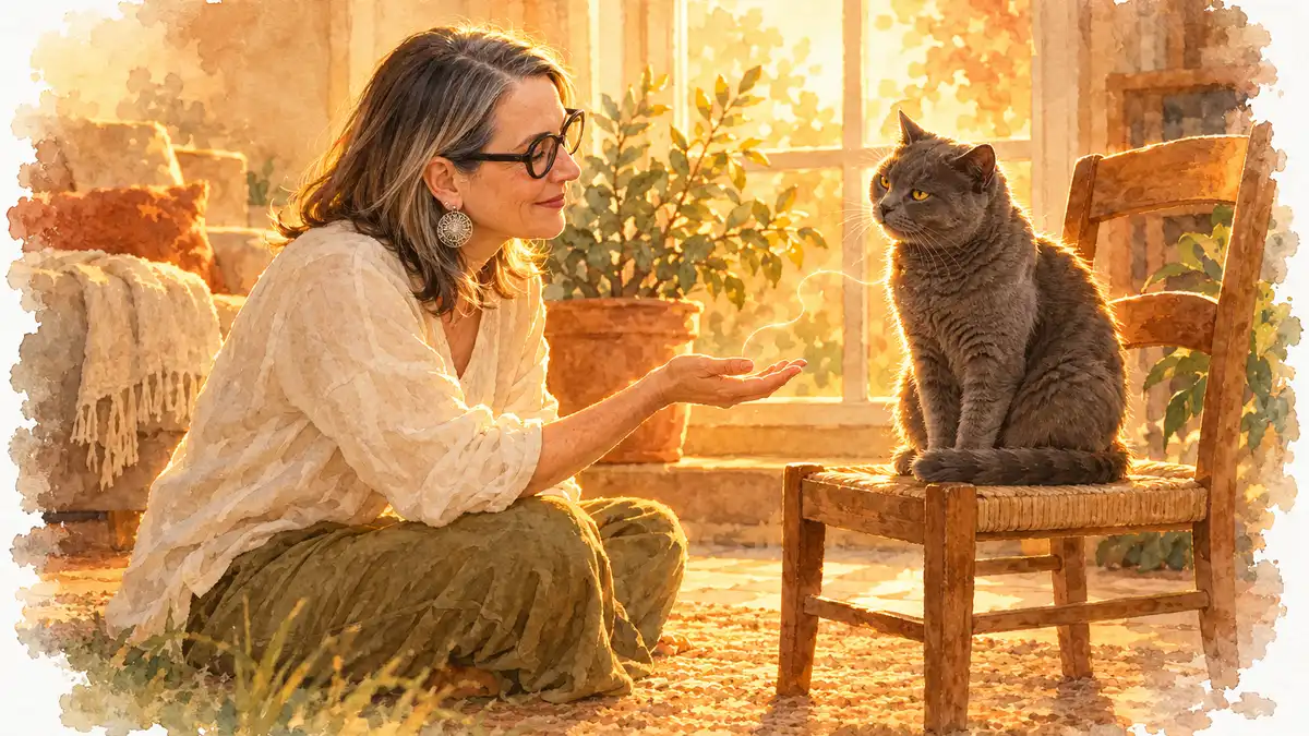 Négocier avec son chat : aquarelle de Sophie assise par terre, la main ouverte vers Iro, son chat gris, assis sur une chaise paillée