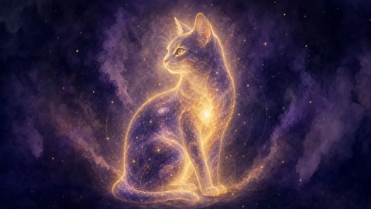 Animaux et spiritualité : aquarelle d’un chat assis au corps rempli d’étoiles, qui brille d’une lumière dorée dans une nébuleuse violette