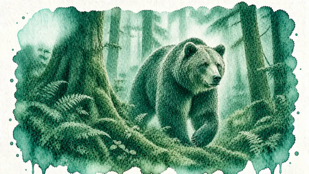 Animal totem ours : aquarelle d’un ours brun qui avance entre les grands troncs d’une forêt de fougères