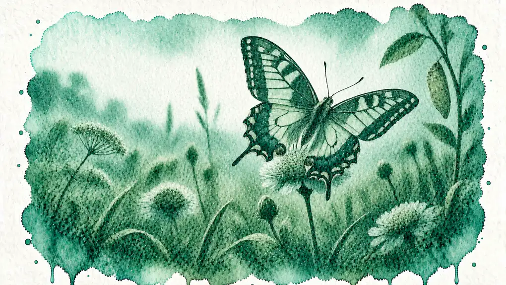 Papillon symbolique : aquarelle d’un machaon posé sur une fleur sauvage, dans une prairie brumeuse