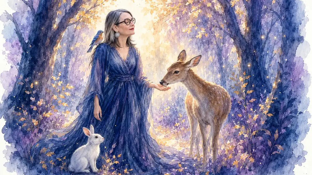 Parler aux animaux : aquarelle de Sophie en robe bleue dans une forêt dorée, un oiseau sur l’épaule, qui tend la main à une biche, un lapin blanc à ses pieds