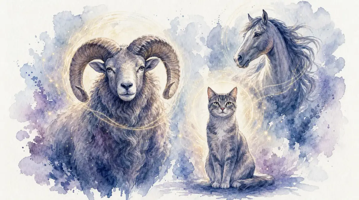 Paroles d’animaux : un bélier, un chat et un cheval réunis dans une aquarelle aux tons lavande