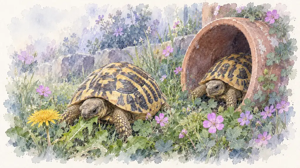 Tortue terrestre : illustration à l’aquarelle d’après la photo d’Ariette et Franklin, une tortue près d’un pissenlit, l’autre dans un pot de fleurs renversé