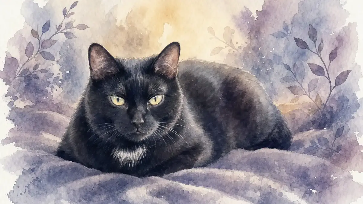 Chat handicapé : illustration à l’aquarelle d’après la photo d’Art, chat noir aux yeux jaunes avec une tache blanche au poitrail, couché sur un drapé mauve