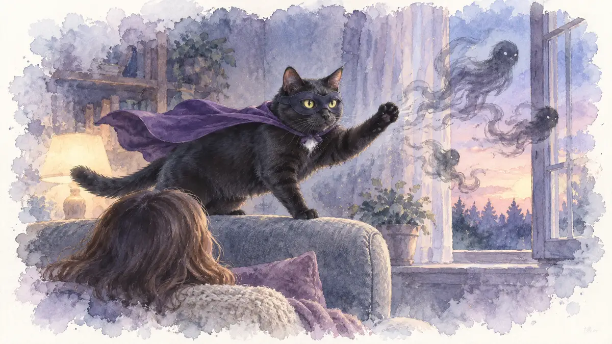 Chat protecteur : illustration à l’aquarelle d’après la photo d’Art, chat noir en cape violette qui chasse des ombres au-dessus de sa maîtresse
