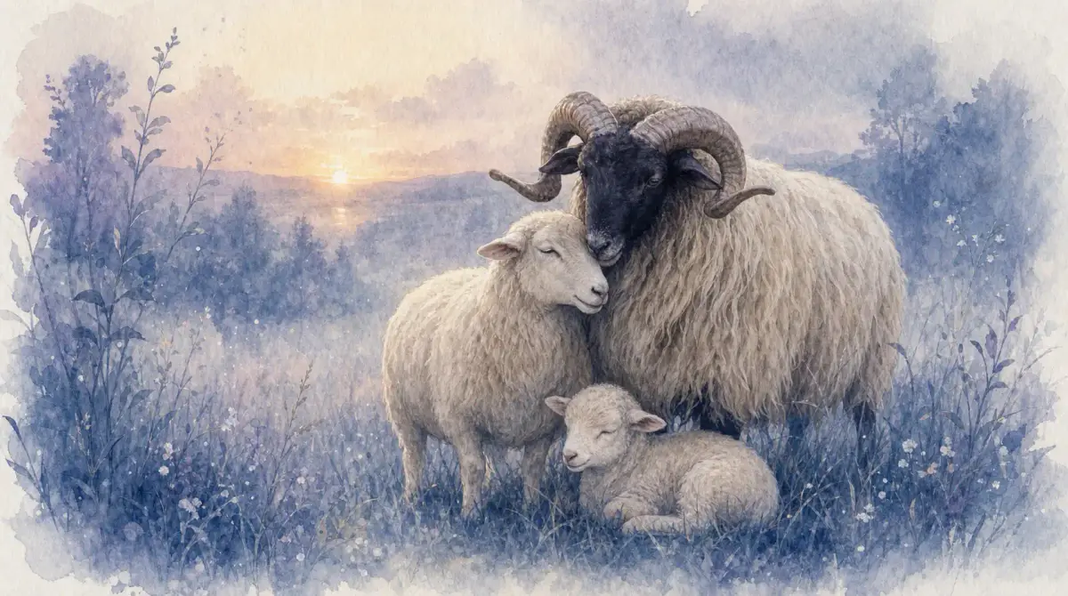 La famille vue par un animal : illustration à l’aquarelle d’après la photo de Beltxa, bélier à tête noire, serré contre sa brebis et leur agneau dans un pré