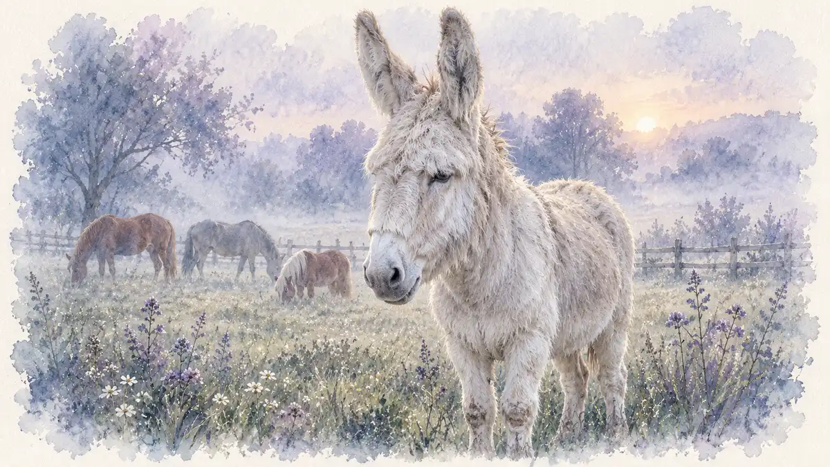 Âne : illustration à l’aquarelle d’après la photo de Bijou, âne gris clair au premier plan, des chevaux et un poney qui paissent derrière lui
