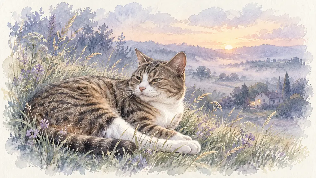 Chat décédé : illustration à l’aquarelle d’après la photo de Cerise, chatte tigrée et blanche couchée dans l’herbe d’une colline, une maison éclairée au loin