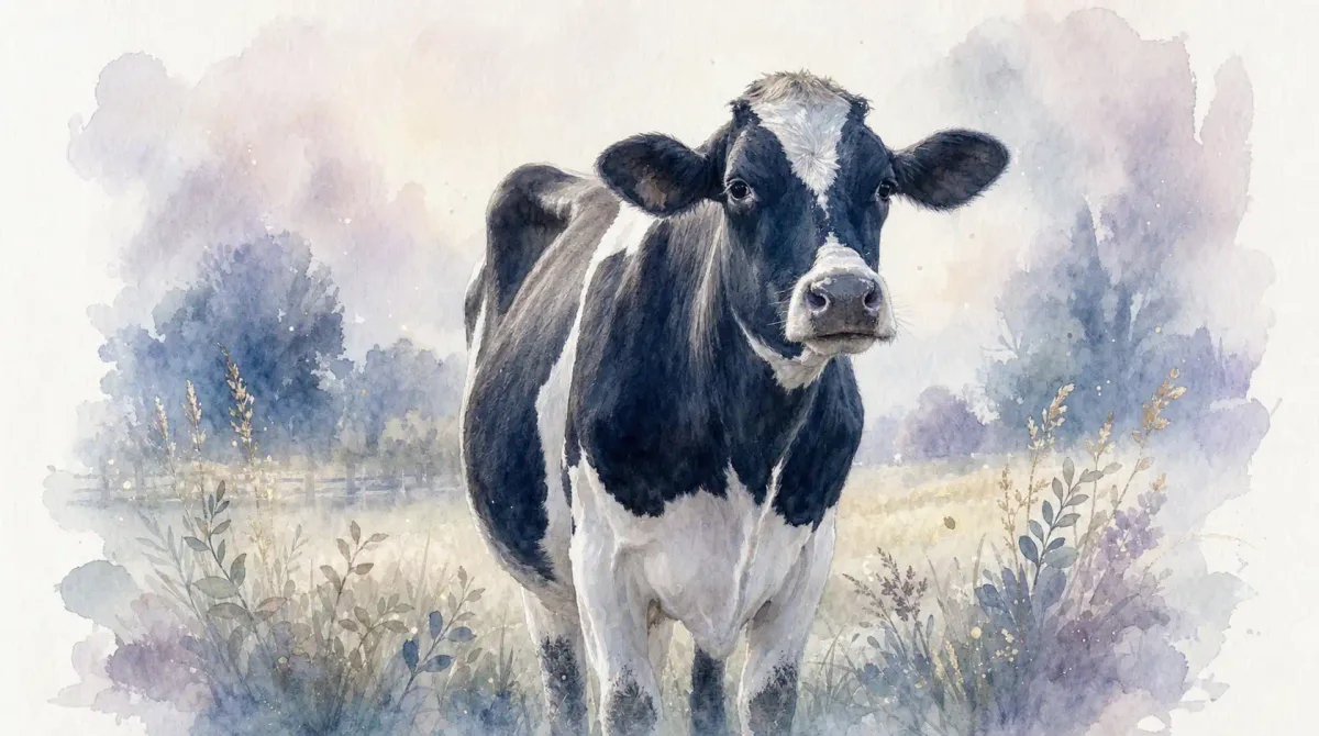 Vie d’une vache laitière : illustration à l’aquarelle d’après la photo de Colline, vache noire et blanche, de face dans un pré