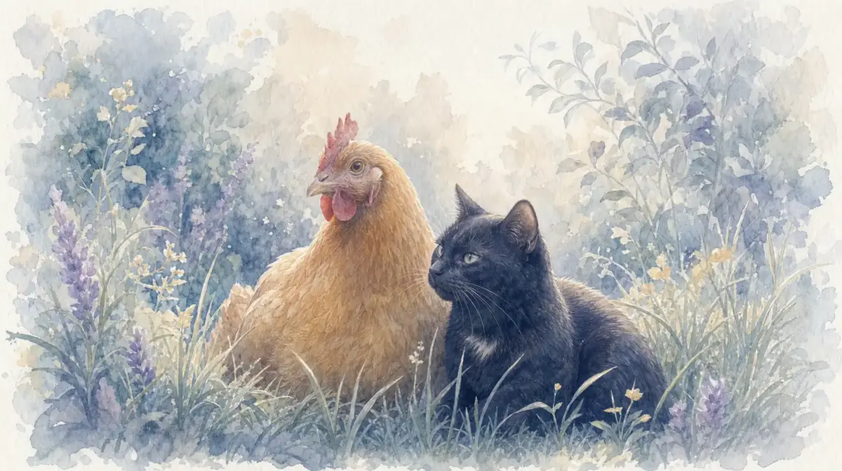 Amitié chat et poule : illustration à l’aquarelle d’après la photo de Dorée et d’Orka, une poule rousse et une chatte noire assises côte à côte dans l’herbe fleurie