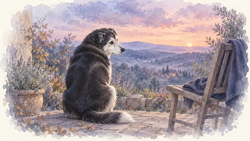 Chien en deuil : illustration à l’aquarelle d’après la photo d’Elfy, chienne noire et blanche qui regarde le coucher du soleil près d’une chaise vide
