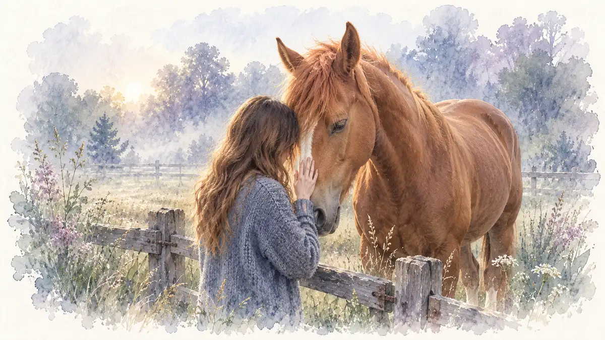 Cheval de trait : illustration à l’aquarelle d’après les photos de Fuse, cheval alezan, front contre front avec sa gardienne