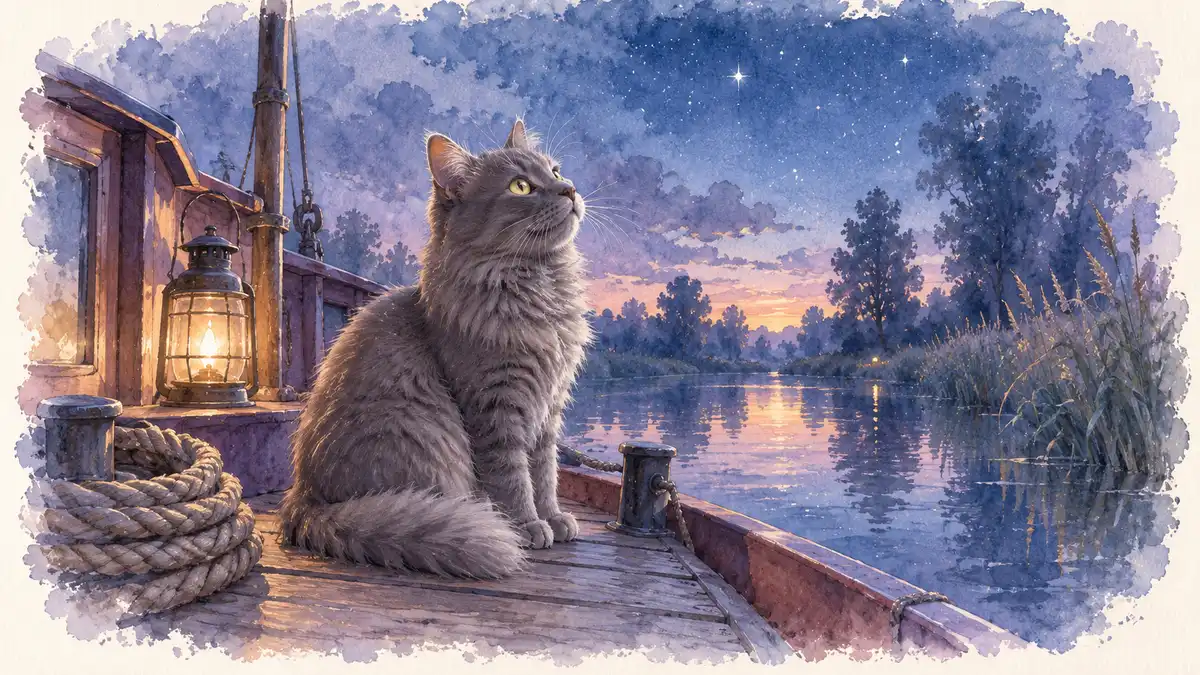 Poussière d’étoiles : illustration à l’aquarelle d’après la photo de Gribouille, chat gris sur le pont d’un bateau, qui regarde les premières étoiles