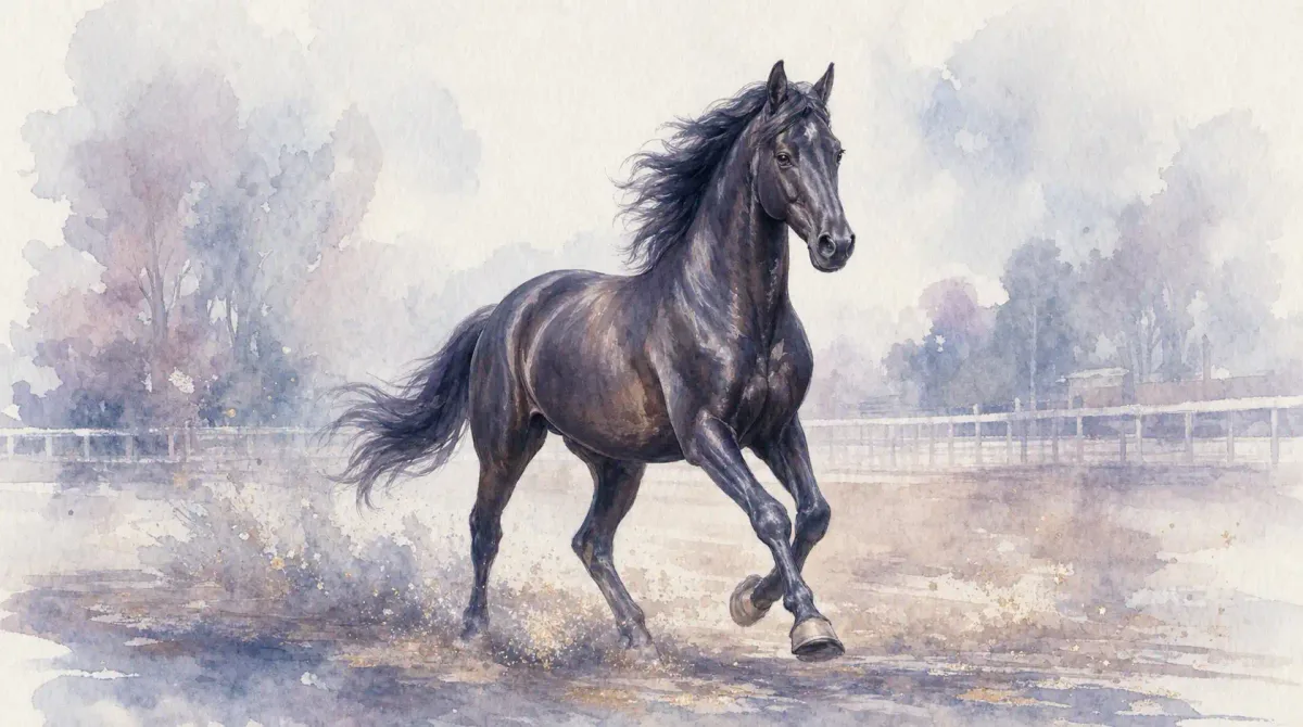 Cheval de course : illustration à l’aquarelle d’un cheval noir lancé dans une carrière, crinière au vent
