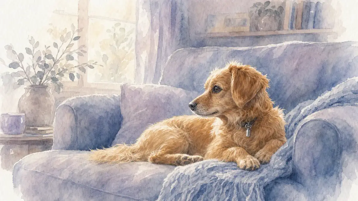 Chien adopté : illustration à l’aquarelle d’après la photo de Hugo, chien roux doré à poil mi-long et médaille au collier, couché sur un canapé