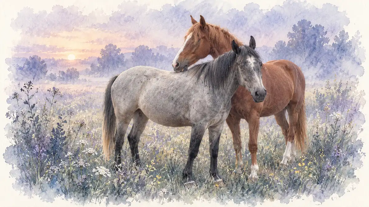 Cheval moche : illustration à l’aquarelle d’après les photos d’Ikhane et d’Oby Wan, cheval gris rouan et cheval alezan côte à côte dans un pré fleuri