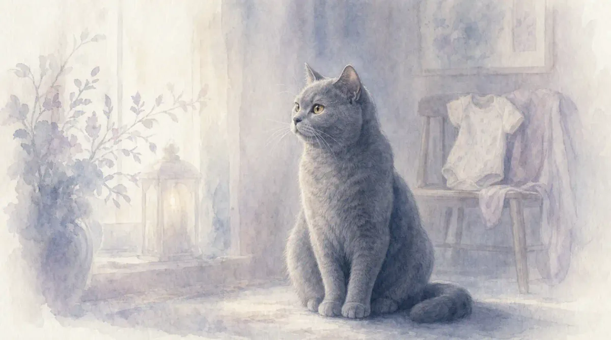 Chat et arrivée d’un bébé : illustration à l’aquarelle d’après la photo d’Iro, chat chartreux gris, assis près d’une chaise où sèche un body de bébé