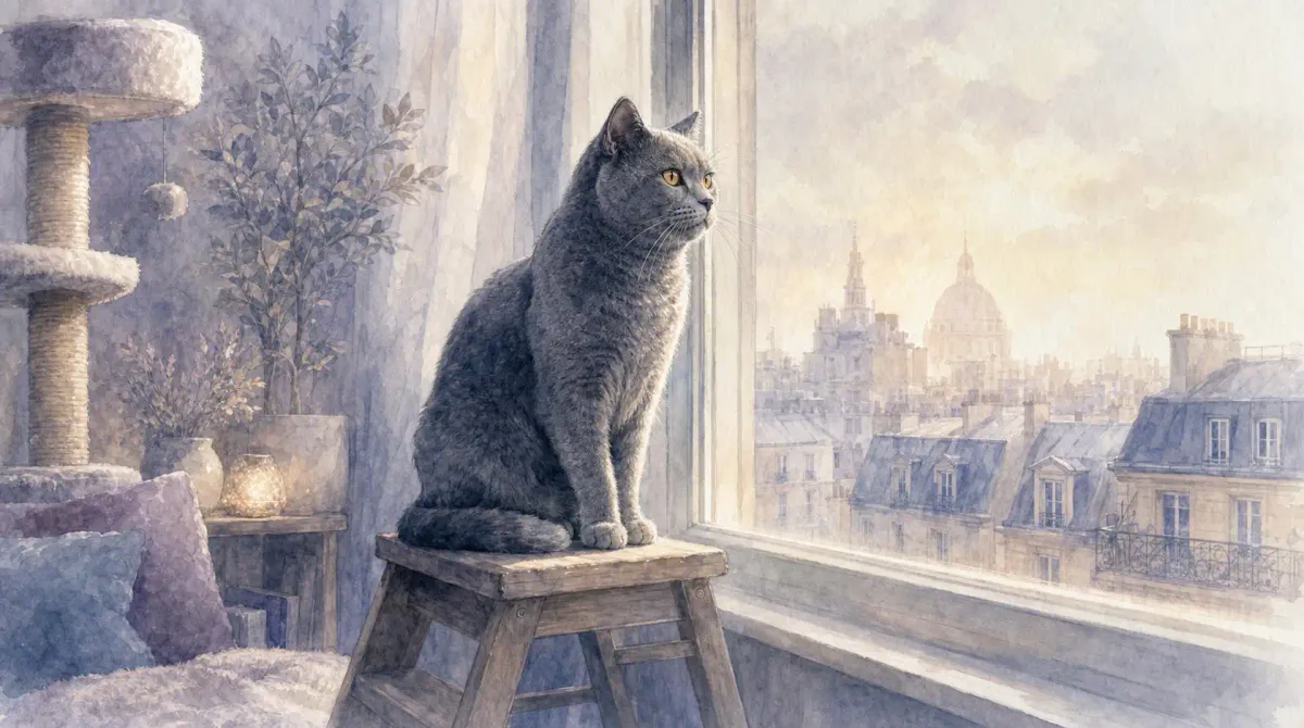 Vie de chat d’intérieur : illustration à l’aquarelle d’après la photo d’Iro, chat chartreux gris, assis sur un marchepied devant une fenêtre ouverte sur les toits