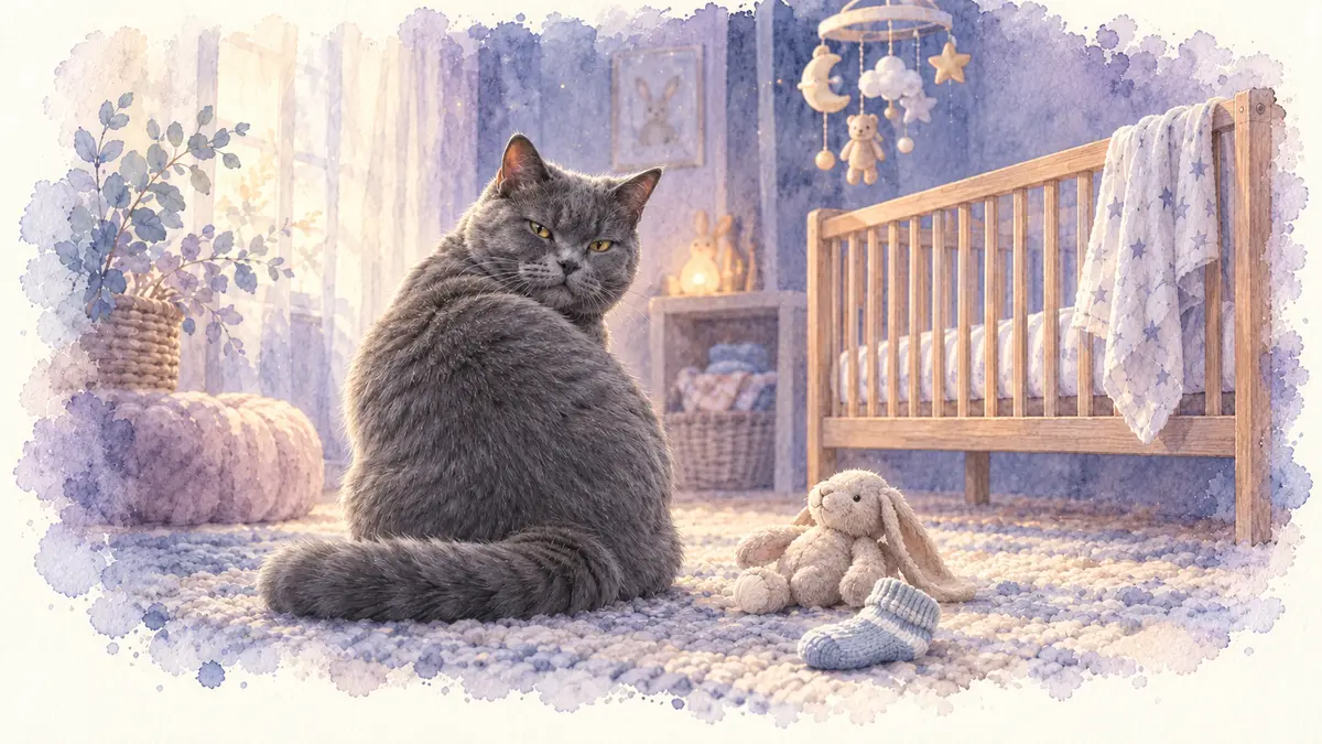 Chat grand frère : illustration à l’aquarelle d’après la photo d’Iro, chat chartreux gris, qui jette un regard boudeur vers un lit de bébé
