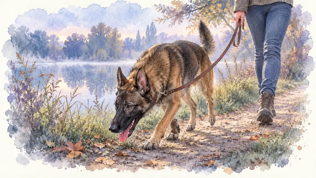 Chien policier : illustration à l’aquarelle d’après la photo de Jagger, malinois fauve qui flaire une piste au bord d’une rivière, devant sa maîtresse