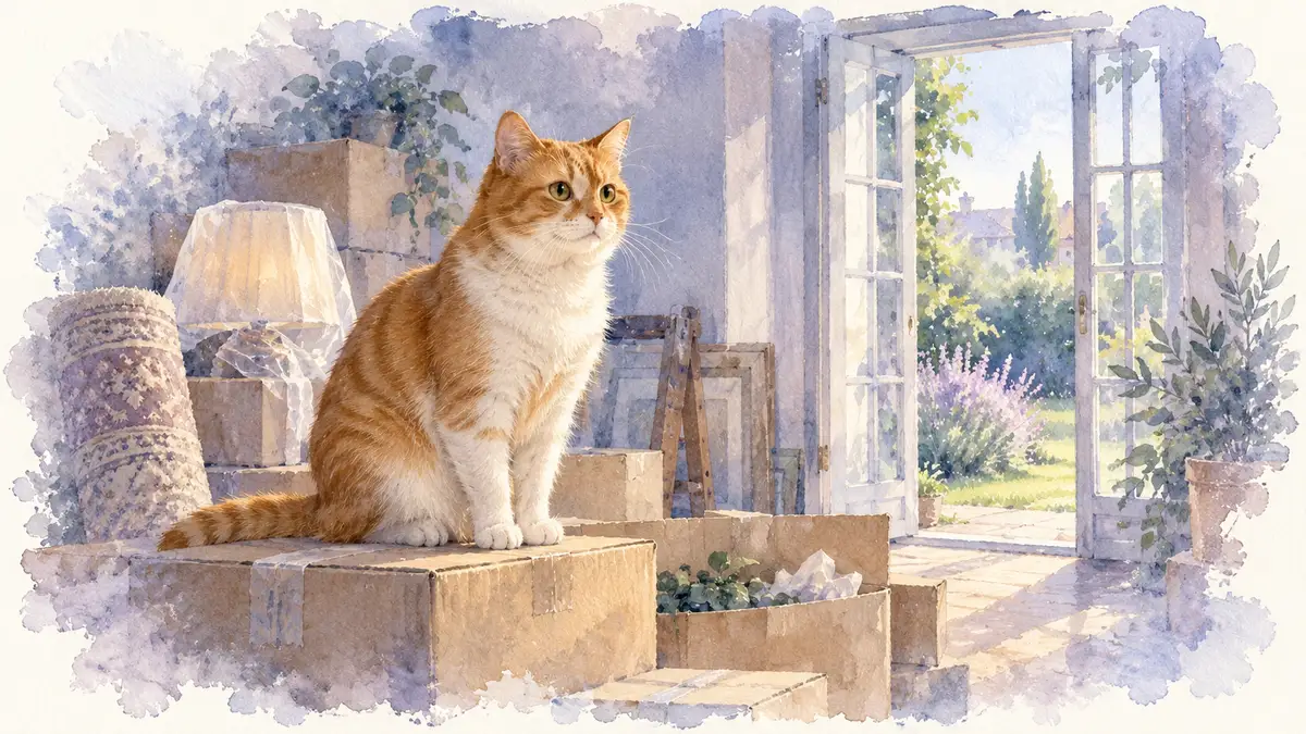 Mission de vie : illustration à l’aquarelle d’après la photo de Jaska, chat roux et blanc assis sur des cartons de déménagement, face à une porte ouverte