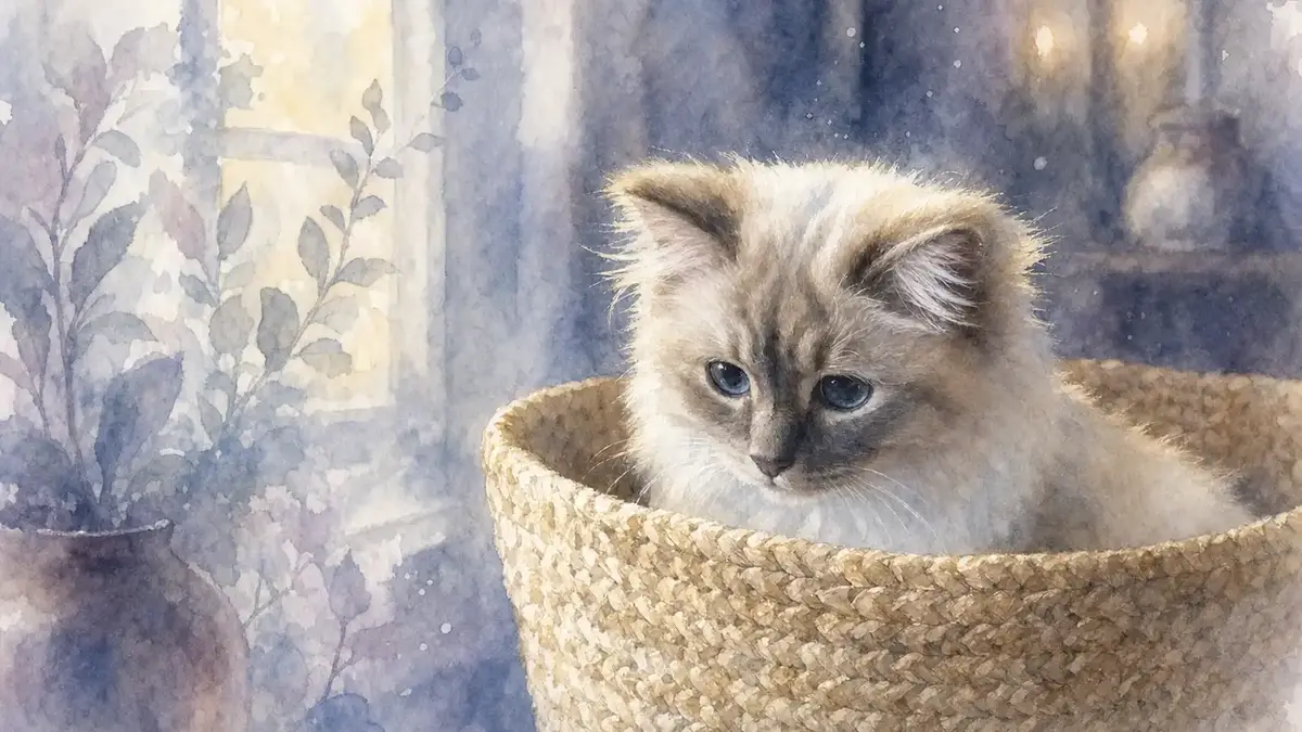 Adopter un deuxième chat : illustration à l’aquarelle d’après la photo de Loona, jeune chatte au pelage crème et aux yeux bleus, assis dans un panier tressé