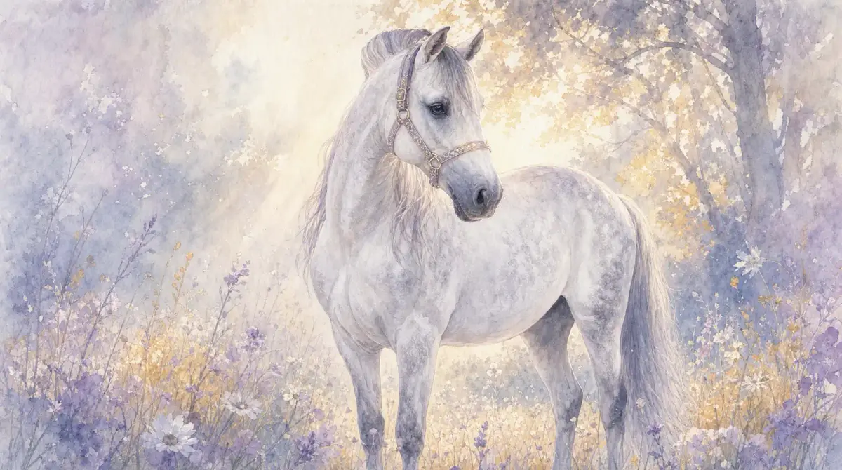 Cheval âgé : illustration à l’aquarelle d’après la photo de Maegline, jument gris clair au licol orné, dans un sous-bois doré