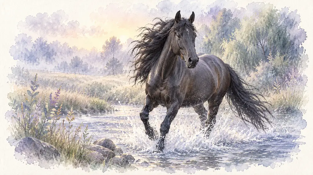 Cheval heureux : illustration à l’aquarelle d’après la photo de Mahé, jument bai foncé qui galope dans un ruisseau, crinière au vent