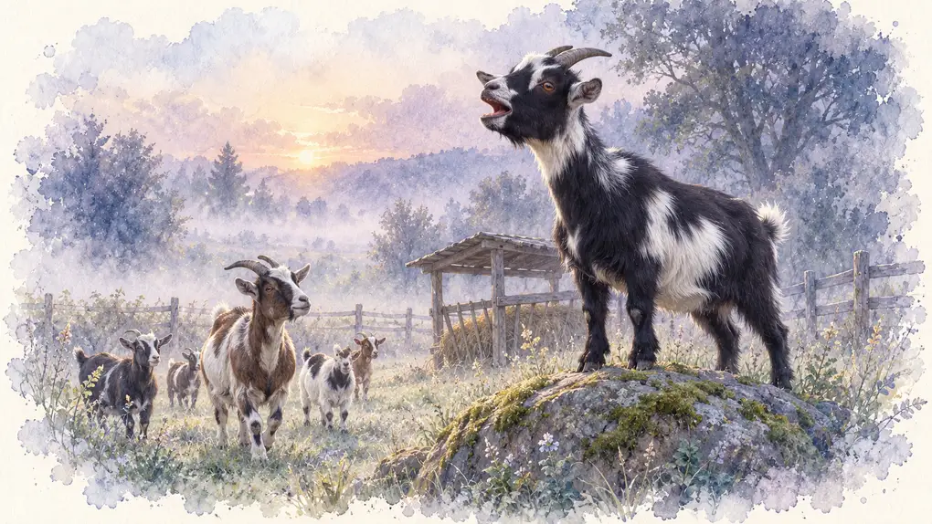 Chèvre naine : illustration à l’aquarelle d’après la photo de Mathilde, noire et blanche, qui bêle sur un rocher, le troupeau qui arrive