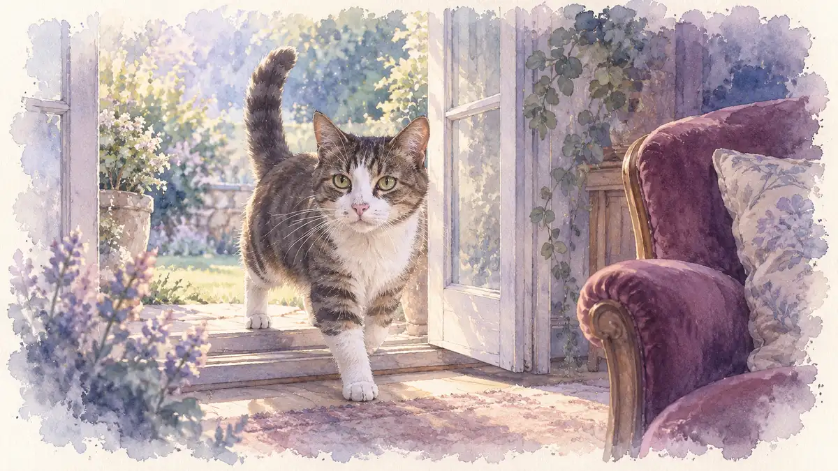 Chat errant : illustration à l’aquarelle d’après la photo de Mimi, chat tigré et blanc qui franchit le seuil d’une porte-fenêtre ouverte