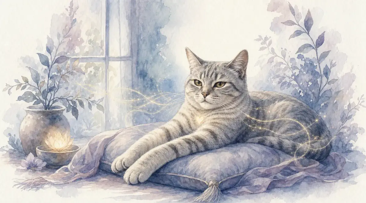 Communication animale et énergétique : illustration à l’aquarelle d’après la photo de Neige, chatte tigrée grise allongée sur un coussin, entourée de fils de lumière