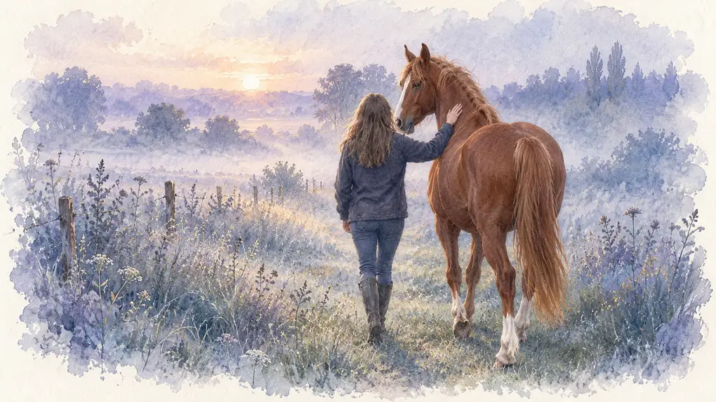 Relation homme cheval : illustration à l’aquarelle d’après la photo d’Oby Wan, cheval alezan qui marche au côté de sa maîtresse, la main sur son encolure