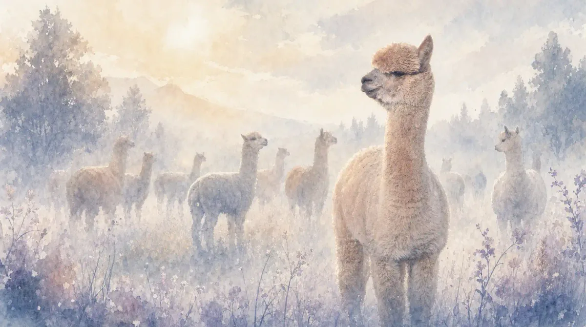 Vie de troupeau : illustration à l’aquarelle d’après la photo d’Olympe, femelle alpaga au premier plan, son troupeau derrière elle dans une prairie brumeuse