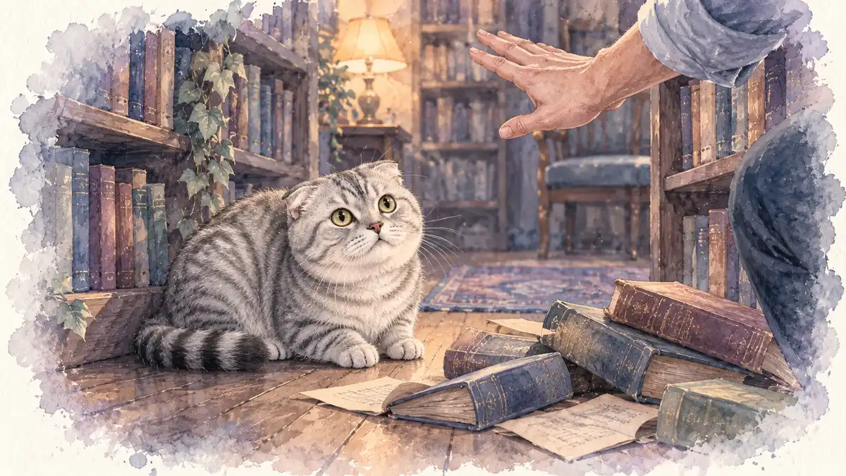 Punir son chat : illustration à l’aquarelle d’après la photo de Poppy, scottish fold gris tigré tapi près de livres renversés, une main levée au-dessus de lui