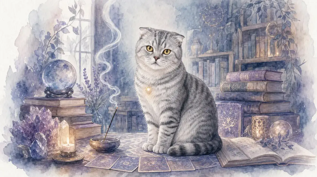 Chat de librairie : illustration à l’aquarelle d’après la photo de Poppy, chat gris tigré aux oreilles pliées, assis parmi les livres, les cristaux et les cartes d’oracle
