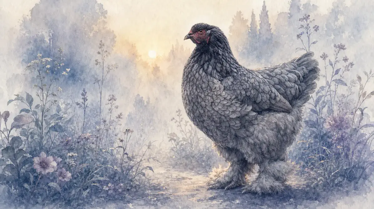 Importance du prénom de l’animal : une poule grise aux pattes couvertes de plumes, debout dans un jardin à l’aube, à l’aquarelle