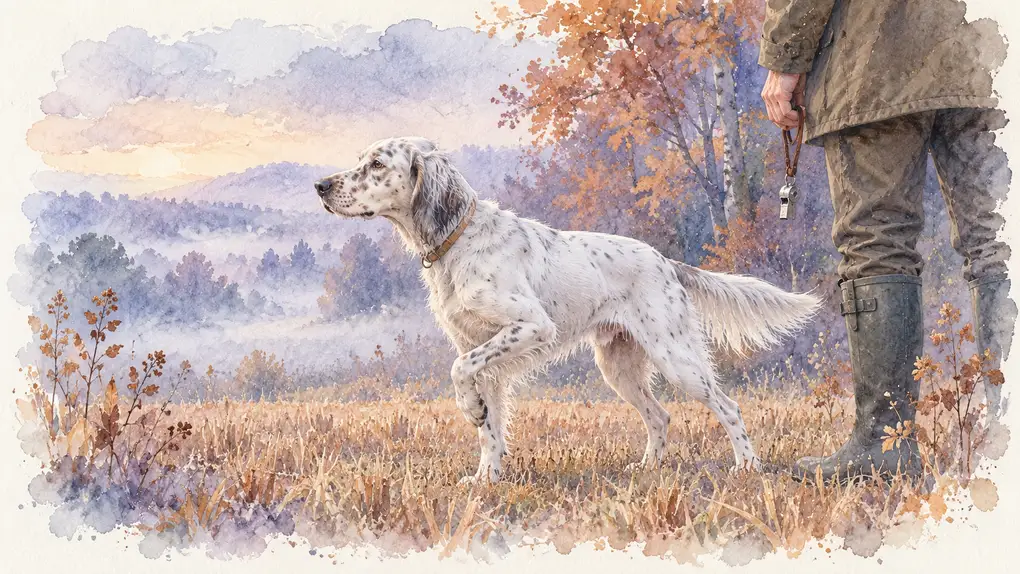Chien de chasse : illustration à l’aquarelle d’après la photo de Sally, setter blanc moucheté à l’arrêt à côté de son maître en bottes