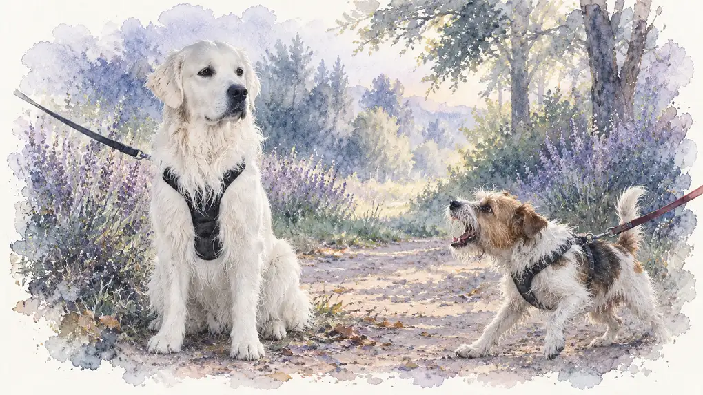 Chien agressé : illustration à l’aquarelle d’après la photo de Simba, golden retriever crème assis calmement face à un petit chien qui aboie
