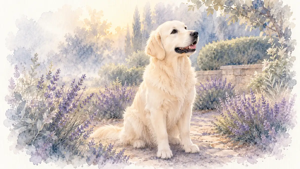 Chien choisit son maître : illustration à l’aquarelle d’après la photo de Simba, golden retriever crème assis dans un jardin de lavande, le regard levé