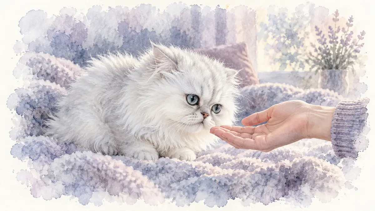 Chat traumatisé : illustration à l’aquarelle d’après la photo de Soleil, chat persan blanc sur une couverture, qui sent une main tendue doucement